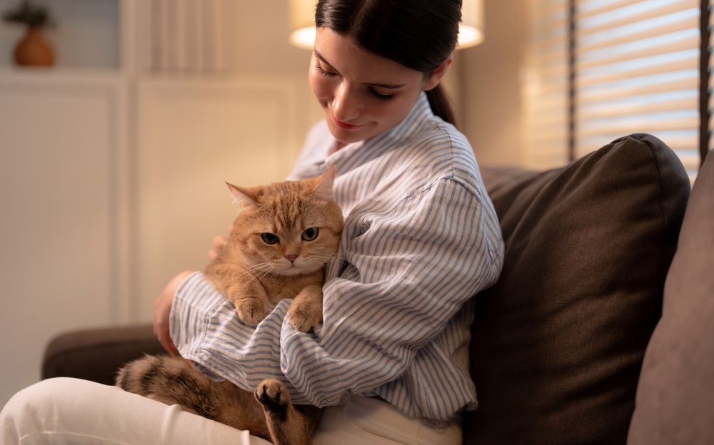 Young woman gently holding a calm orange tabby cat on her lap while seated on a couch in a cozy indoor setting – Hofmann Veterinary Clinic